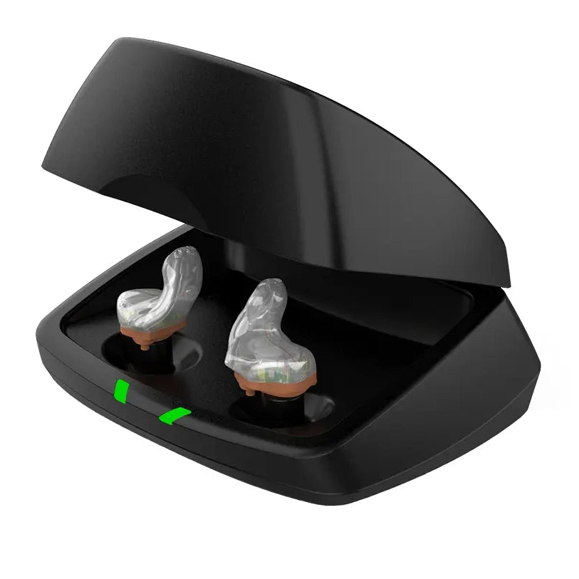 Chargeur Starkey noir ouvert avec deux embouts intra-auriculaires et témoins verts