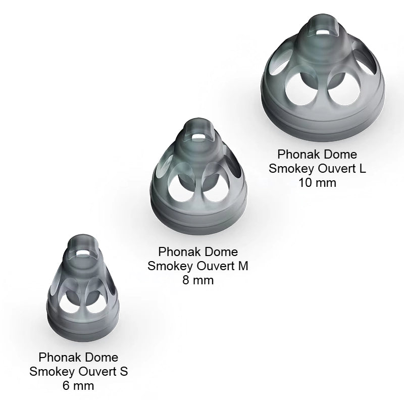 Dômes ouverts Phonak gris fumé pour aides auditives, tailles 6, 8 et 10 mm
