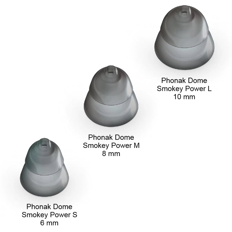 Ensemble de dômes Phonak Smokey Power : S 6 mm, M 8 mm, L 10 mm.