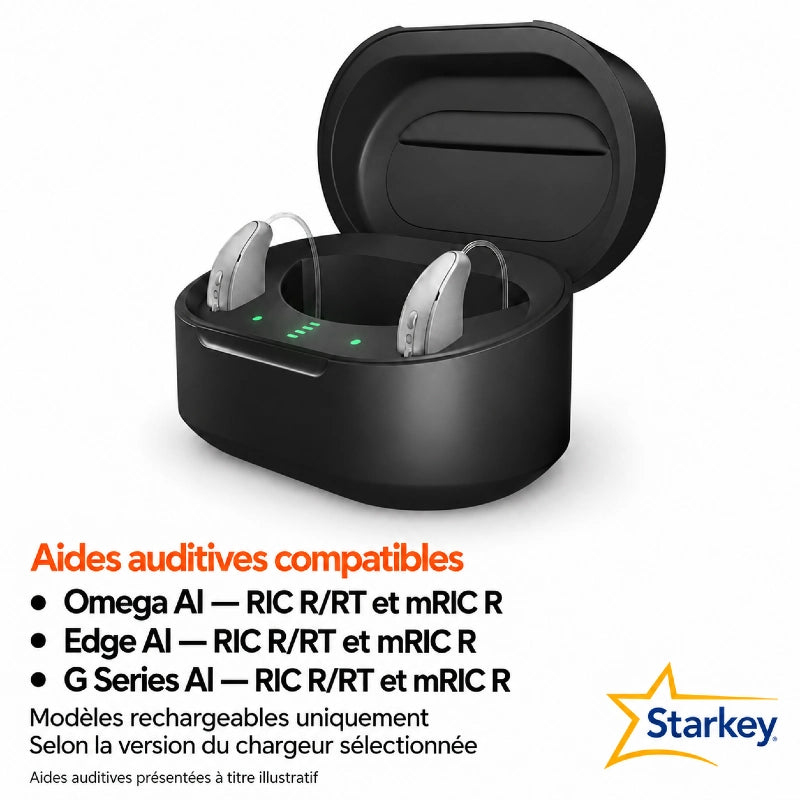Chargeur Starkey noir ouvert avec deux aides auditives rechargeables et voyants verts.