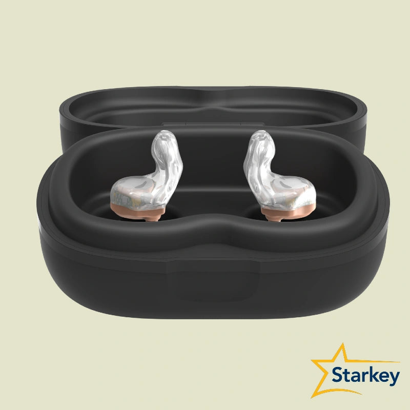 Chargeur Starkey StarLink 2.0 ouvert avec deux aides auditives translucides
