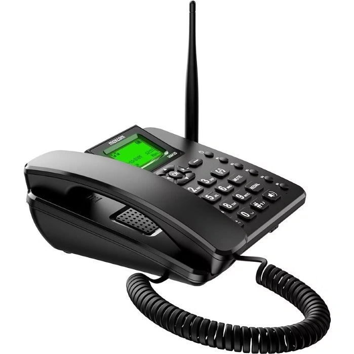 Téléphone fixe noir MaxCom avec écran vert, clavier numérique et antenne.