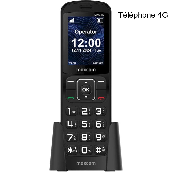Téléphone MaxCom MM34D 4G écran 12:00 et clavier sur support