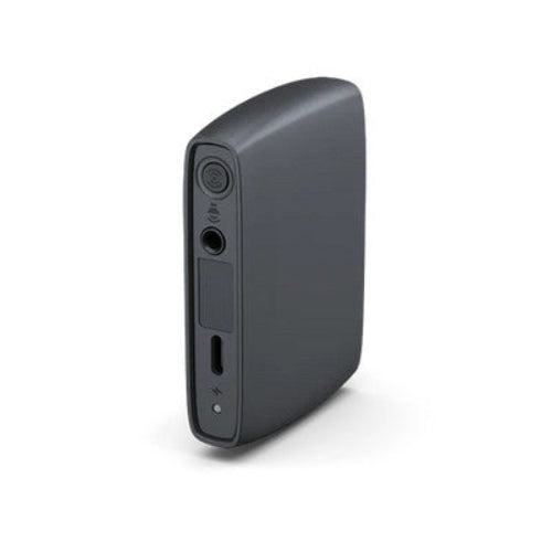Diffuseur TV ReSound Streamer+ noir : face latérale avec boutons et connecteurs.