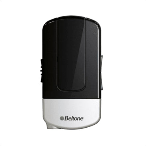 Boîtier audio Beltone noir et blanc, avec logo sur la face avant