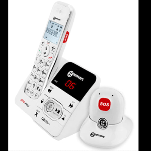 Téléphone sans fil Geemarc et pendentif SOS blanc, combiné incliné avec écran.
