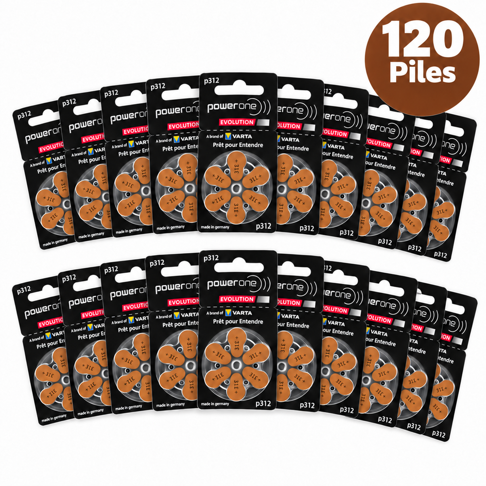 Lot de piles auditives powerone évolution 312, boîtes blister avec 120 unités