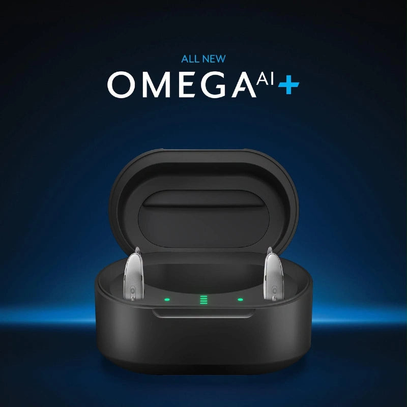 Chargeur Starkey noir ouvert avec deux aides auditives placées dans leurs logements.