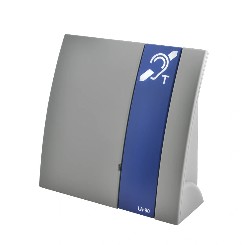 Boucle magnétique portable LA-90 HumanTechnik, boîtier gris à bande bleue et symbole d’écoute