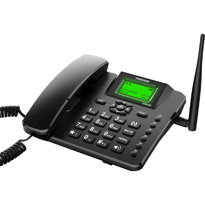 Téléphone fixe MaxCom noir avec écran vert, touches et combiné incurvé.