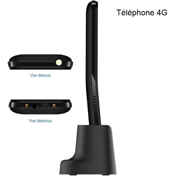 Téléphone MaxCom MM34D 4G sur base, vue latérale et dessus