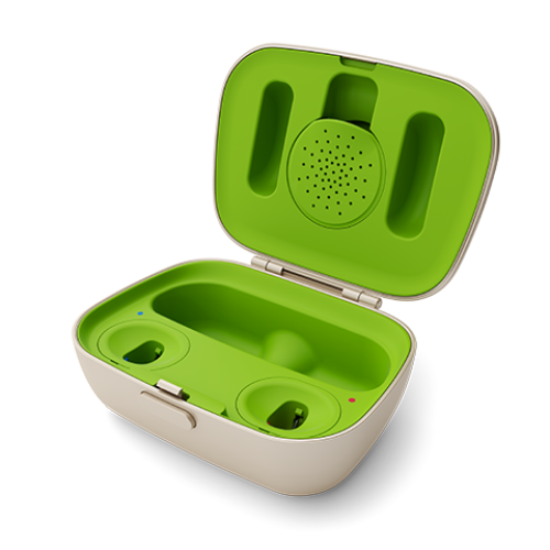 Boîtier chargeur Phonak Combi 2 miniRITE vert et blanc, couvercle ouvert avec emplacements