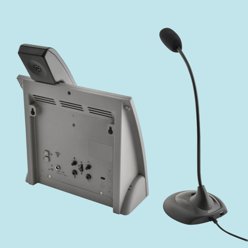 Boucle magnétique portable LA-90 SET ECO, vue arrière avec connexions et microphone sur pied