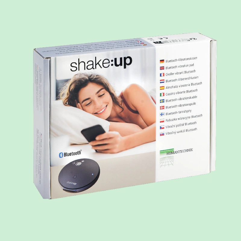 Boîte du coussin vibrant Bluetooth Shake:up, avec visuel du produit en façade
